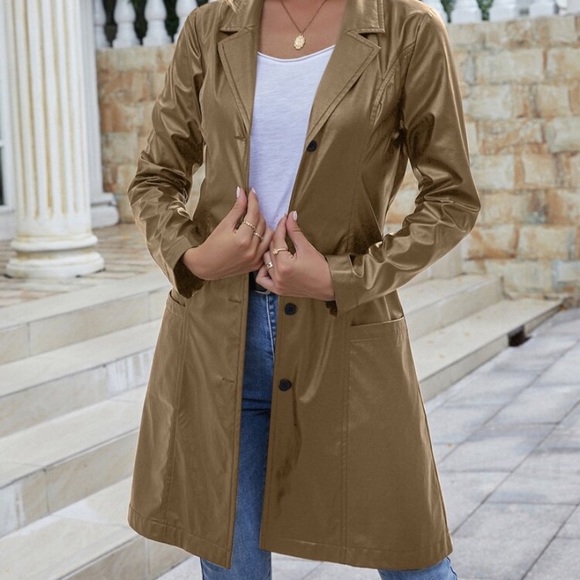 1. LEFT Women’s Faux Leather Khaki Trench Coat - Picture 3 of 4